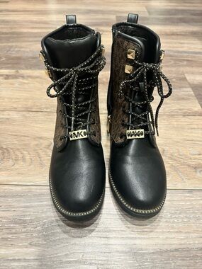 Michael Kors Black Leather Combat Boots with Brown MK Panels and Gold Accents